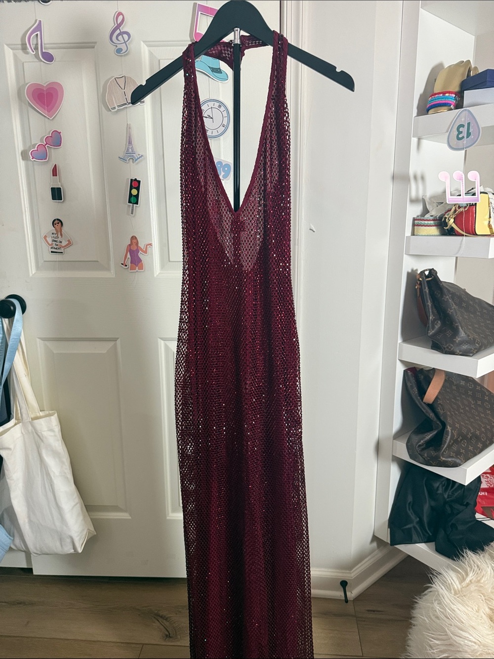 Backless Halter Sequin Maxi Dress in Wine